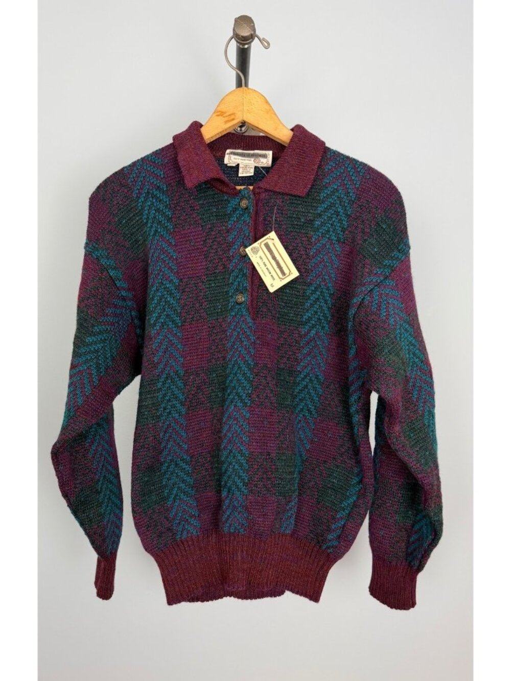 Vintage Tricots St. Raphael Unisex Wool Sweater Mens M Plaid Pattern Deadstock
